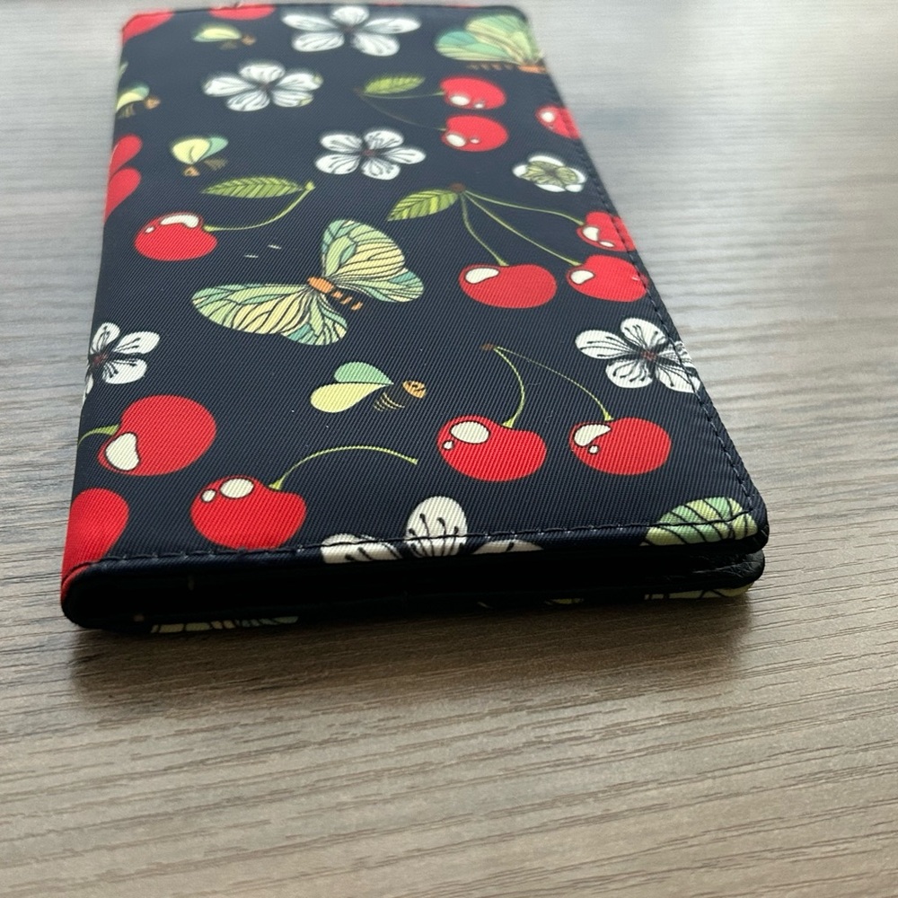 RFID Cherry Print Long Wallet Navy Floral Butterfly Card Holder - Picture 5 of 8